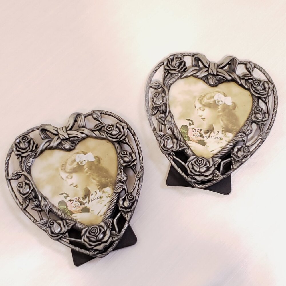 Vtg SET 2 Ornate Victorian Heart Photo 2x3" Picture Frame 4" Pewter Silver Metal